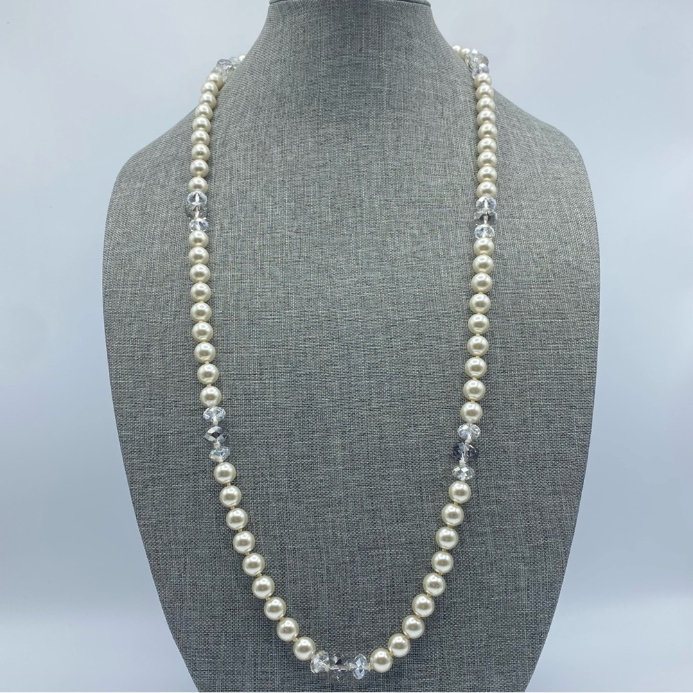 Kissaka Signed Hand Knotted Faux Glass Pearl Necklace Faceted Crystal Long - Picture 2 of 8